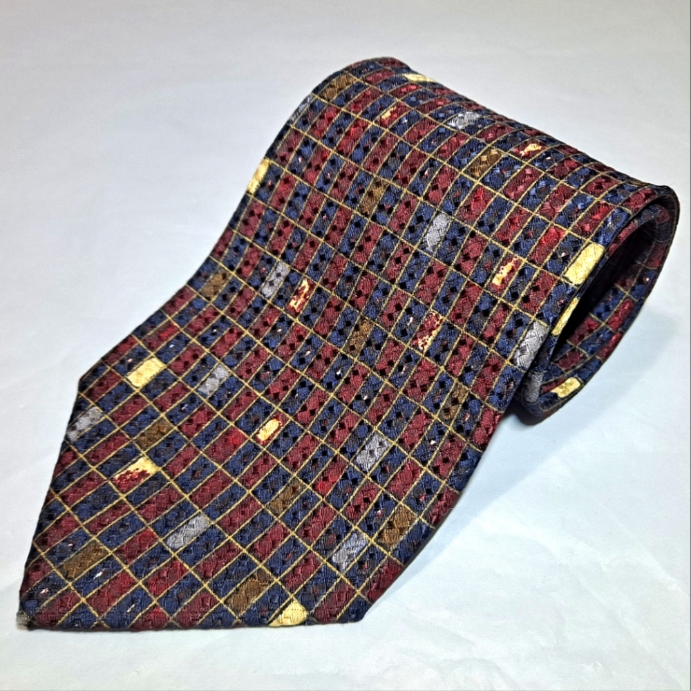 Biella 💯 Silk Men's Necktie 57-60" x 3.75" Burgundy/Blue Geometric Premier Edit
